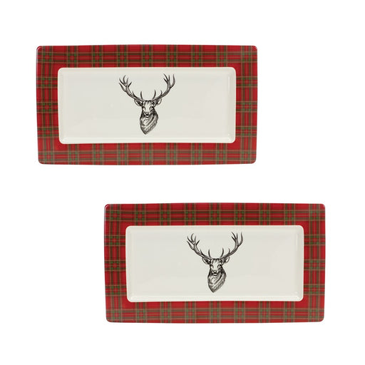 Melrose International Winter Plaid Deer Platter, Set of 2, Red/White - 83985DS