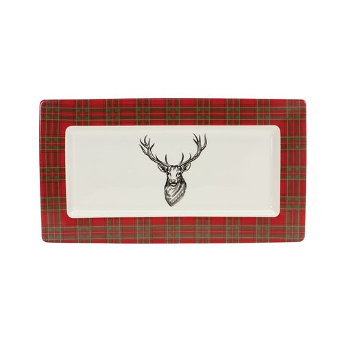Melrose International Winter Plaid Deer Platter, Set of 2, Red/White