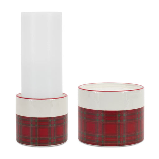 Melrose Winter Plaid Ceramic Candle Holder, Set of 2, Red/Black/White - 83986DS