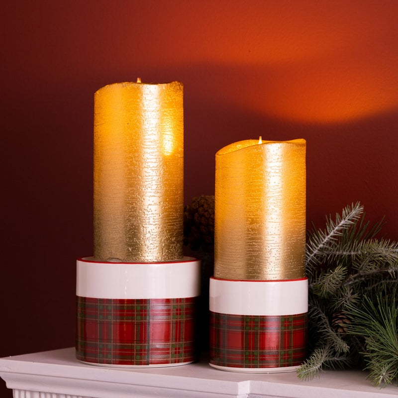 Melrose Winter Plaid Ceramic Candle Holder, Set of 2, Red/Black/White