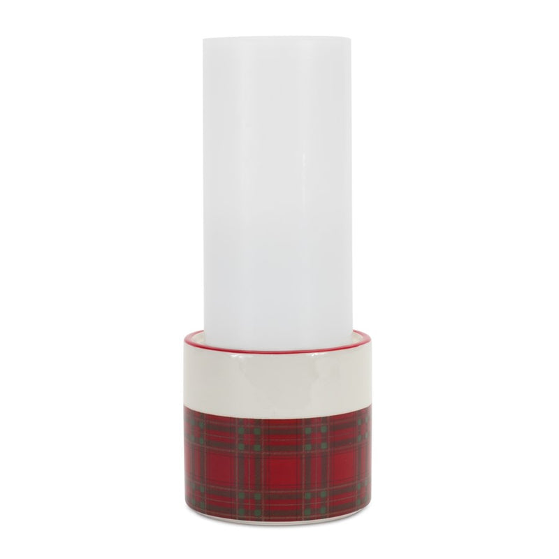 Melrose Winter Plaid Ceramic Candle Holder, Set of 2, Red/Black/White