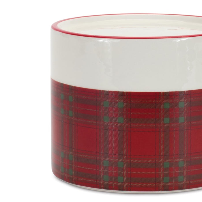 Melrose Winter Plaid Ceramic Candle Holder, Set of 2, Red/Black/White