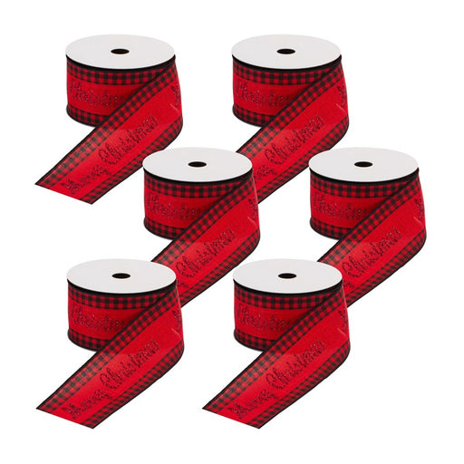 Melrose Wired Merry Christmas Ribbon/Buffalo Plaid Accent, Set/6, Red - 84128DS