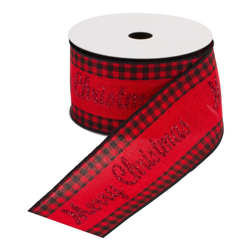 Melrose Wired Merry Christmas Ribbon/Buffalo Plaid Accent, Set/6, Red