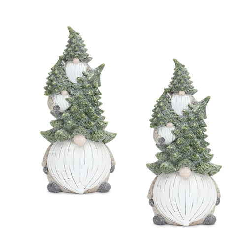 Melrose Stone Holiday Gnome Stack/Pine Tree Hat, Set of 2, Green/White - 84233DS