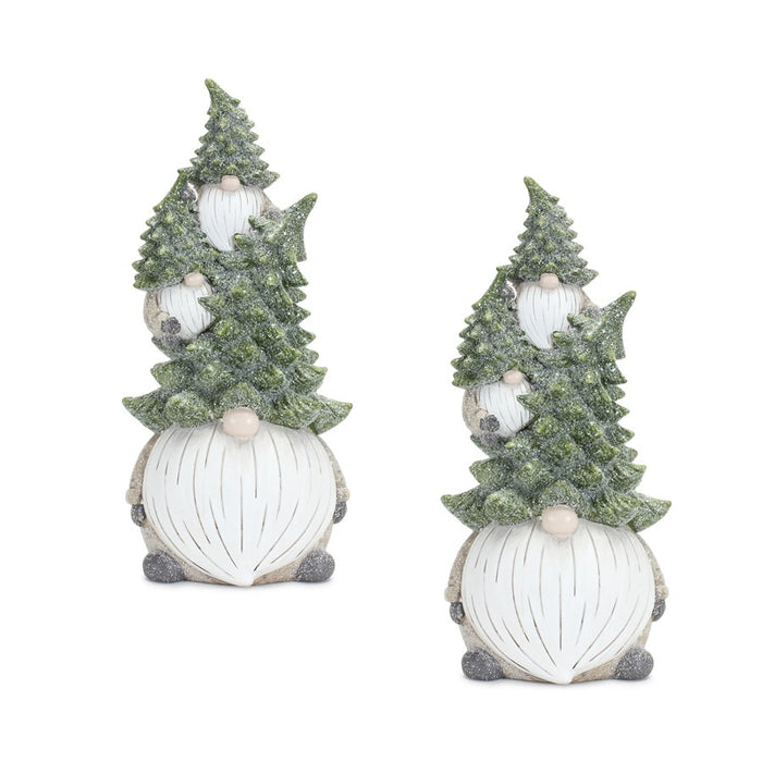 Melrose Stone Holiday Gnome Stack/Pine Tree Hat, Set of 2, Green/White - 84233DS