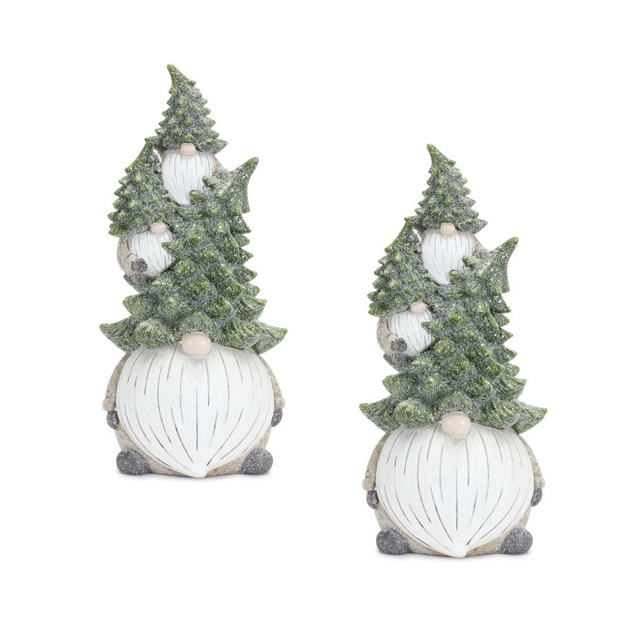 Melrose Stone Holiday Gnome Stack/Pine Tree Hat, Set of 2, Green/White - 84233DS