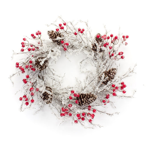 Melrose Frost Snowy Pinecone Twig Wreath/Berry Accents 22.75", Silver - 84265DS