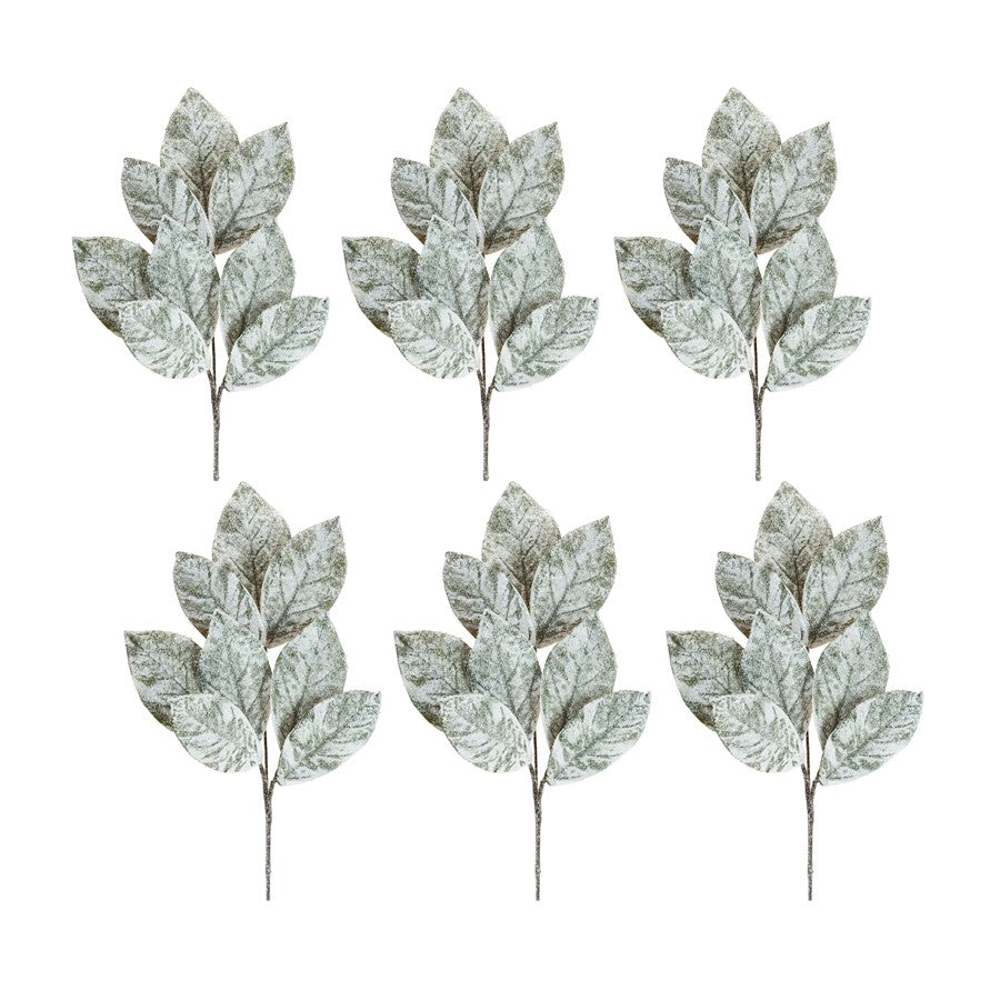Melrose Frosted Winter Magnolia Leaf Spray, Set of 6, White/Brown - 84294DS