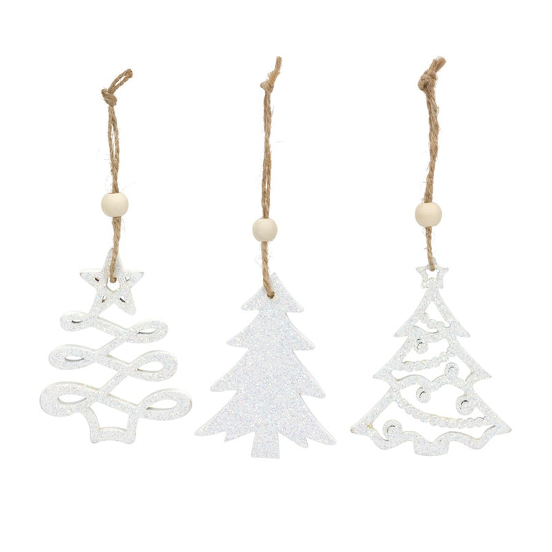 Melrose Wood Tree Tag Ornament/Beaded Hanger, Set of 9, White