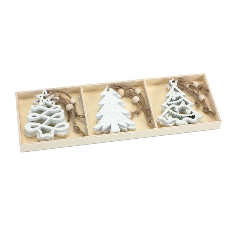 Melrose Wood Tree Tag Ornament/Beaded Hanger, Set of 9, White