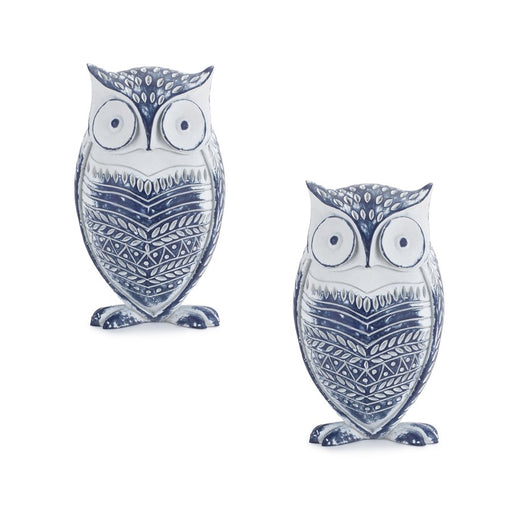 Melrose White Washed Owl Decor/Blue Floral Design 6.5"H, White/Blue - 84339DS