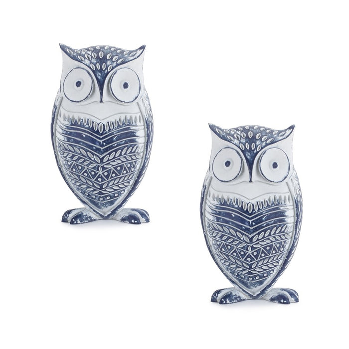 Melrose White Washed Owl Decor/Blue Floral Design 6.5"H, White/Blue - 84339DS