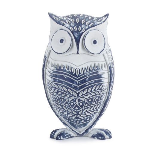 Melrose White Washed Owl Decor/Blue Floral Design 6.5"H, White/Blue
