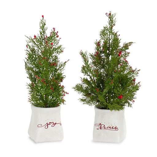 Melrose Mini Pine Tree/Berries, Ceramic Pot, Set of 2, Green/White/Red - 84343DS