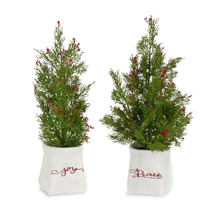 Melrose Mini Pine Tree/Berries, Ceramic Pot, Set of 2, Green/White/Red - 84343DS
