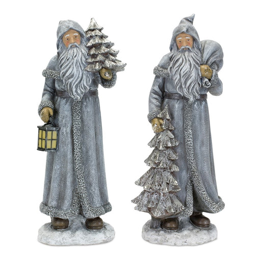 Melrose Silver Stone Santa Figurine/Pine Tree/Lantern, Set/2, Silver - 84357DS