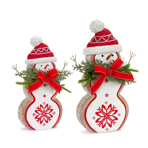 Melrose Nordic Snowflake Snowman Figurine/Pine Bow Accent, Set of 2, W - 84394DS