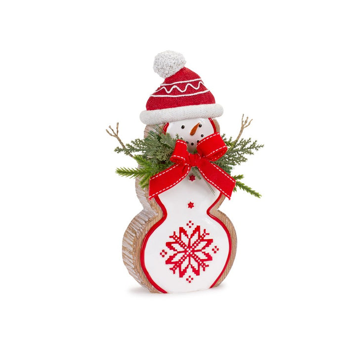 Melrose Nordic Snowflake Snowman Figurine/Pine Bow Accent, Set of 2, W