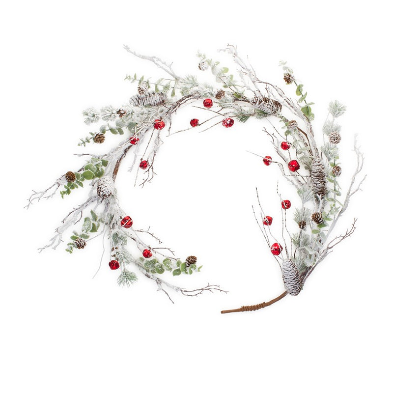 Melrose Snowy Flocked Twig Pine Garland/Sleigh Bells, Set of 2, White