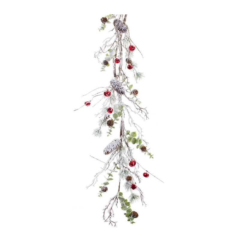 Melrose Snowy Flocked Twig Pine Garland/Sleigh Bells, Set of 2, White