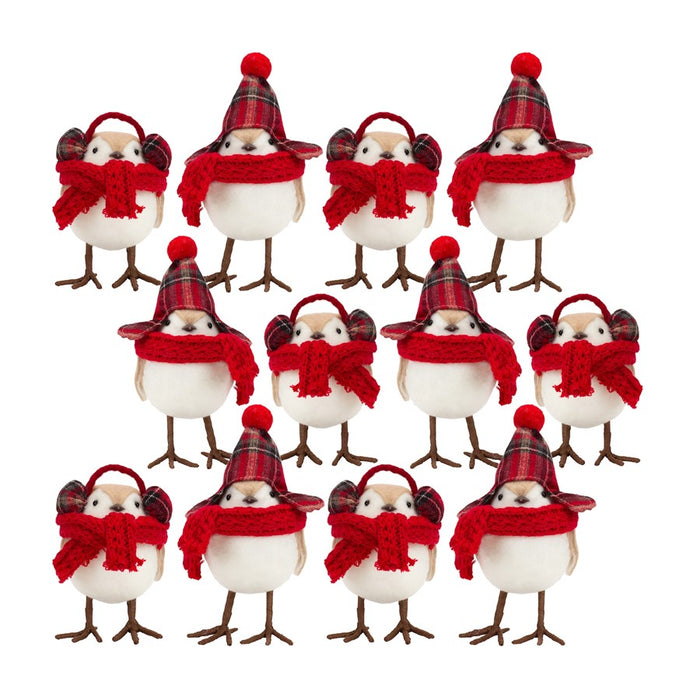 Melrose Plush Winter Bird Shelf Sitter/Scarf/Ear Muffs, Set of 12, Red - 84454DS