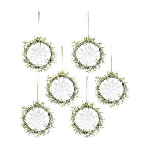 Melrose Frosted Winter Mini Leaf Wreath/Snowflake Ornament, Set of 6 - 84514DS