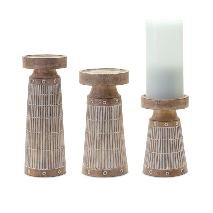 Melrose Etched Wood Design Candle Holder, Set of 3, Brown/White - 85010DS