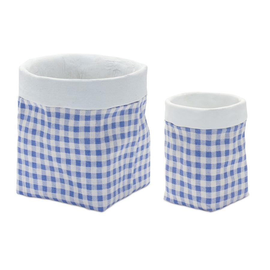 Melrose Gingham Sack Design Stone Planter, Set of 2, Blue/White - 85046DS