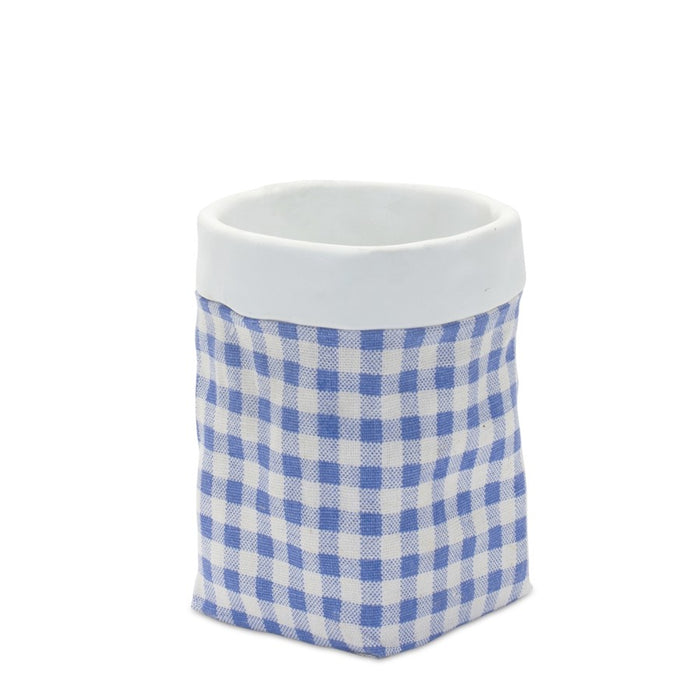 Melrose Gingham Sack Design Stone Planter, Set of 2, Blue/White