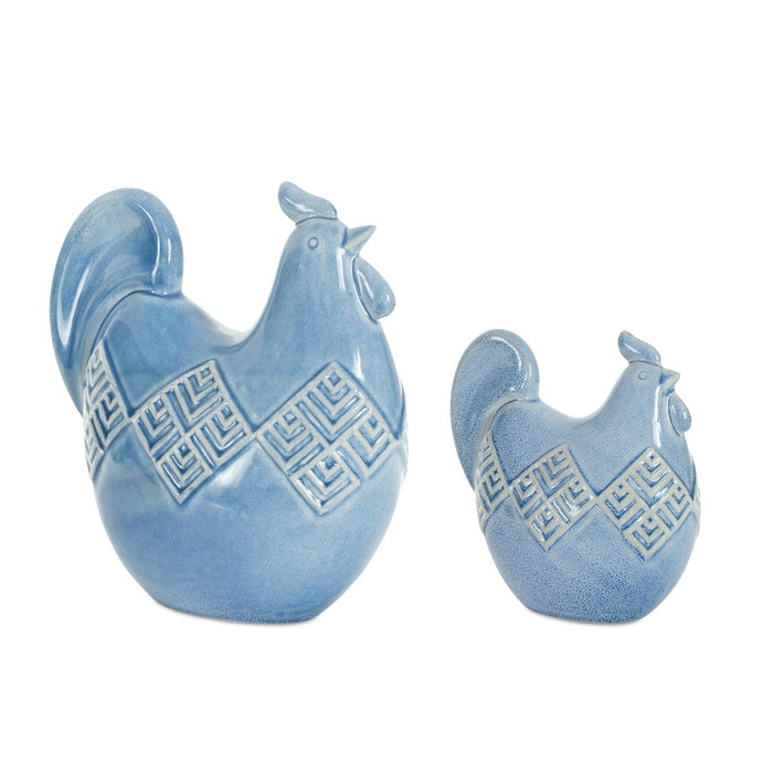 Melrose Ceramic Chicken Shelf Sitter/Geometric Design, Set of 2, Blue - 85061DS