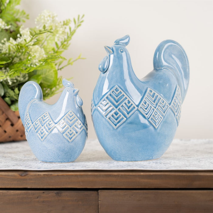 Melrose Ceramic Chicken Shelf Sitter/Geometric Design, Set of 2, Blue