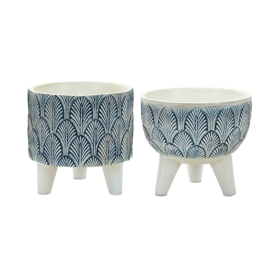 Melrose Int. Geo Leaf Planter/Legs, Set of 2, White/Blue - 85062DS