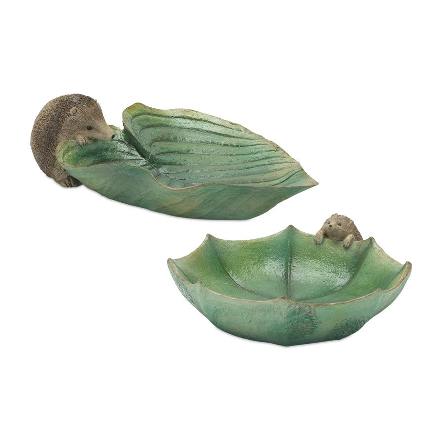 Melrose Garden Leaf Bird Bath/Hedgehog Accent, Set of 2, Green/Brown - 85072DS