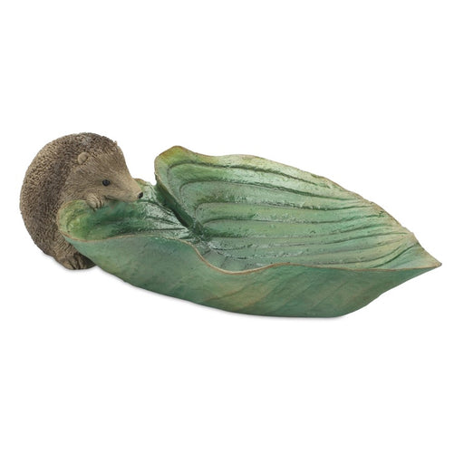 Melrose Garden Leaf Bird Bath/Hedgehog Accent, Set of 2, Green/Brown