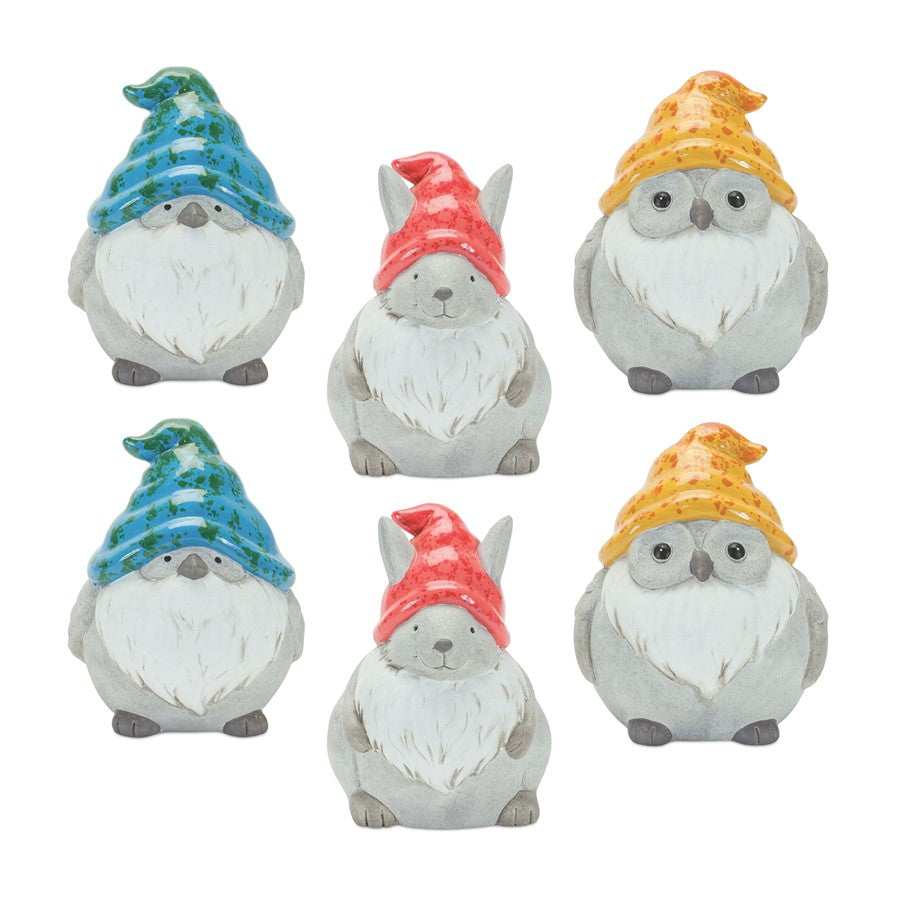 Melrose Whimsical Animal Gnome Garden Statue, Set of 12, Grey/Red/Blue - 85079DS