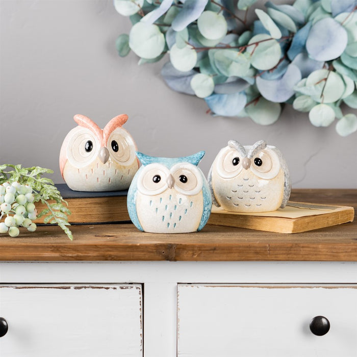 Melrose Whimsical Pastel Terra Cotta Owl, Blue/Pink/Grey