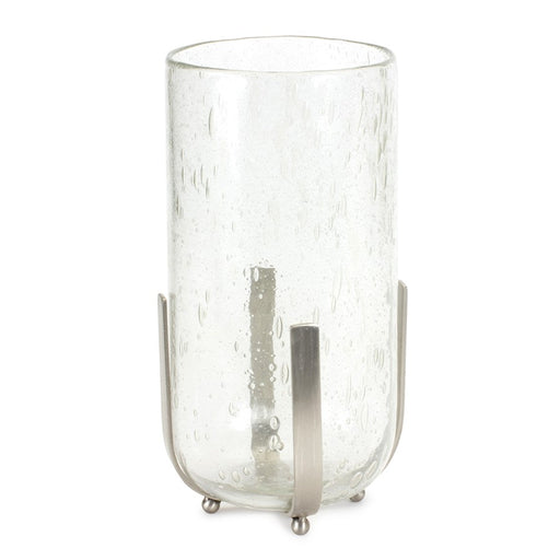 Melrose Bubbled Glass Vase Candle Hurricane/Metal Stand, Clear/Silver - 85133DS