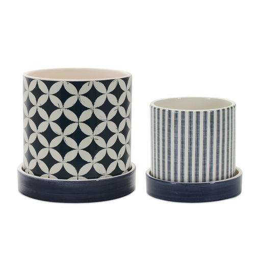 Melrose Geometric Pattern Planter/Plate, Set of 2, Blue/White - 85139DS