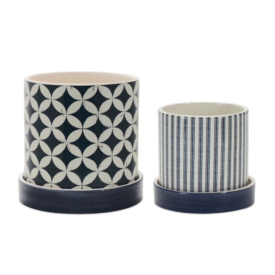 Melrose Geometric Pattern Planter/Plate, Set of 2, Blue/White - 85139DS