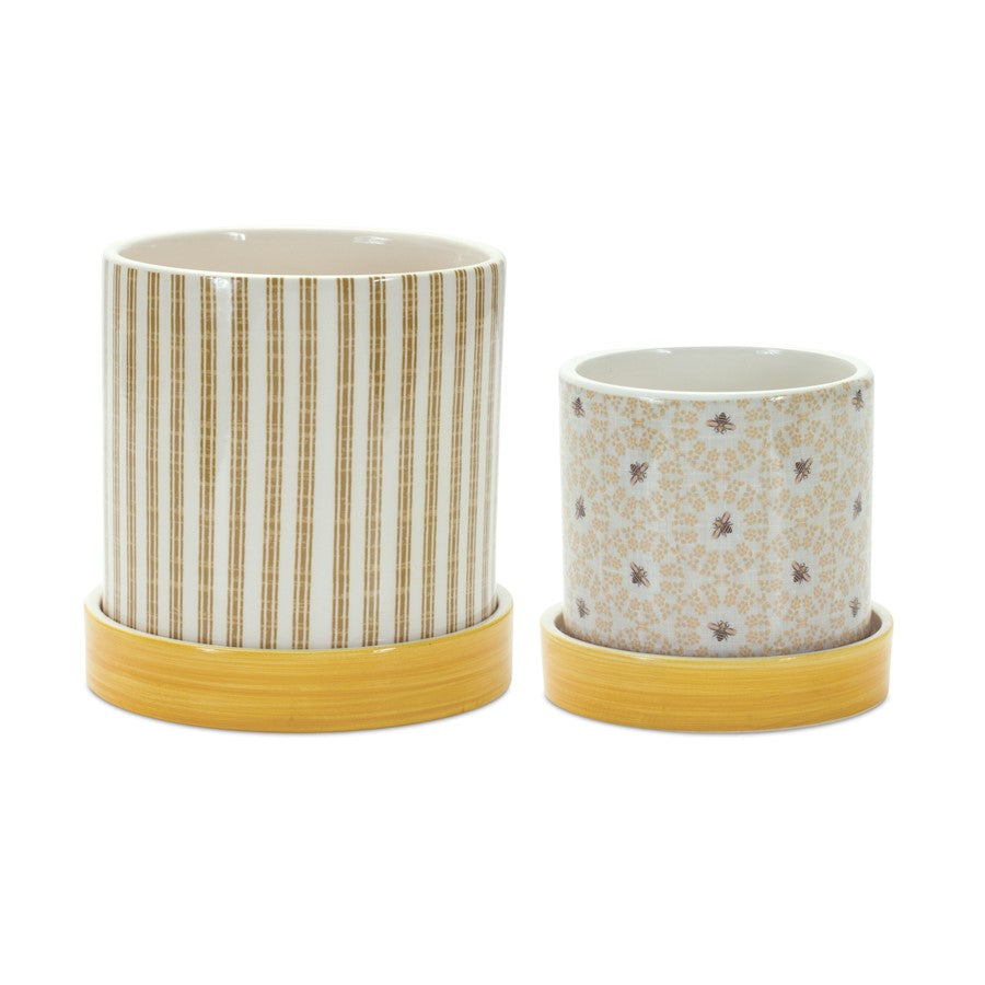 Melrose Stone Bumble Bee Striped Planter/Plate, Set of 2, Yellow/White - 85140DS