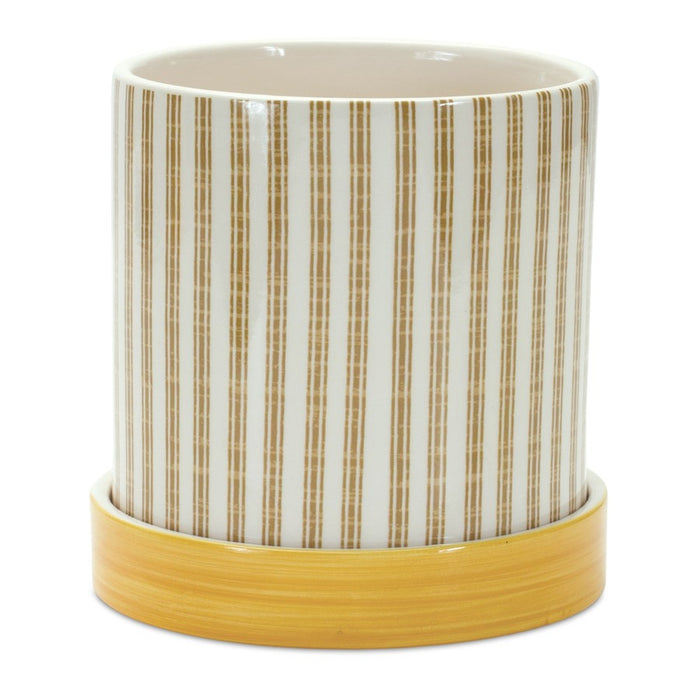 Melrose Stone Bumble Bee Striped Planter/Plate, Set of 2, Yellow/White