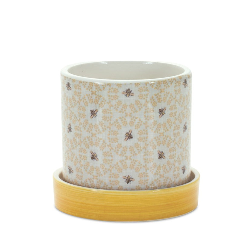 Melrose Stone Bumble Bee Striped Planter/Plate, Set of 2, Yellow/White