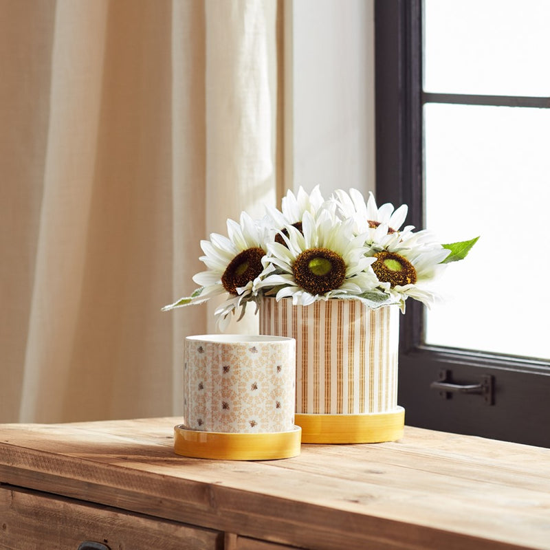 Melrose Stone Bumble Bee Striped Planter/Plate, Set of 2, Yellow/White