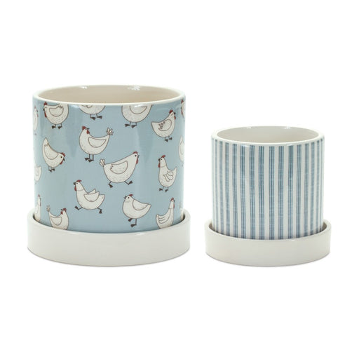 Melrose Chicken Pattern Planter/Plate, Set of 2, Blue/White - 85141DS