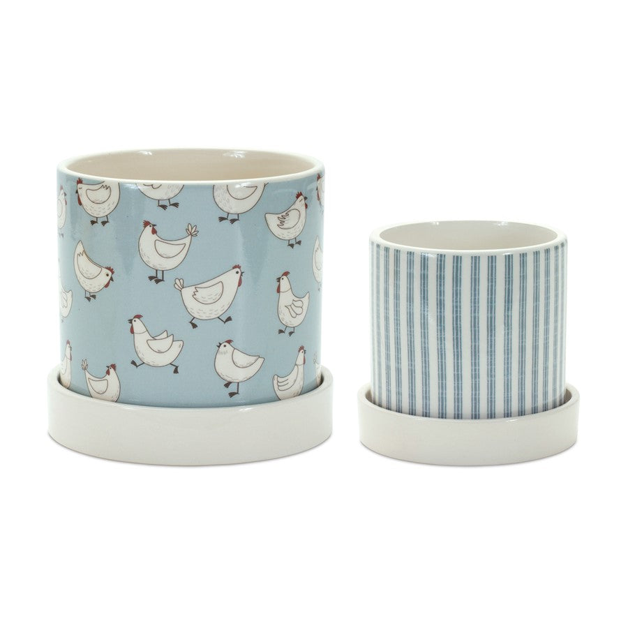 Melrose Chicken Pattern Planter/Plate, Set of 2, Blue/White - 85141DS