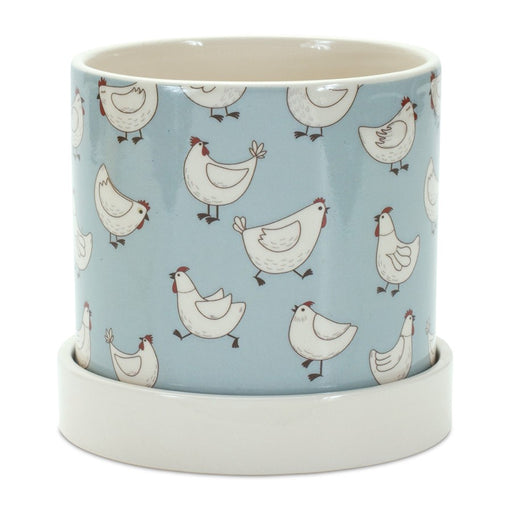 Melrose Chicken Pattern Planter/Plate, Set of 2, Blue/White