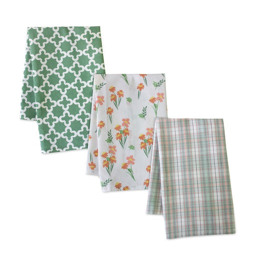 Melrose Floral Plaid Tea Towel, Set of 3, White/Green/Orange - 85148DS