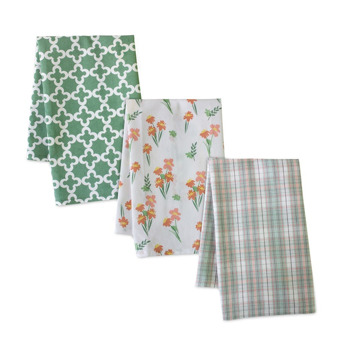 Melrose Floral Plaid Tea Towel, Set of 3, White/Green/Orange - 85148DS