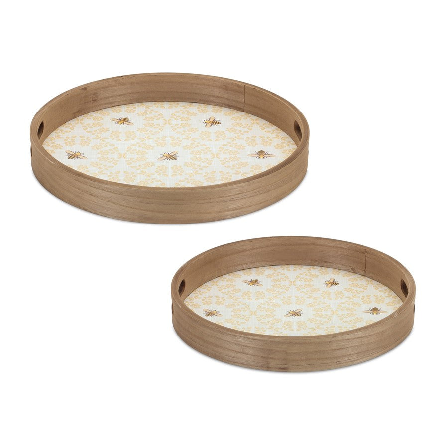 Melrose Round Bumble Bee Tray/Natural Wooden Accents, Set of 2, Yellow - 85159DS